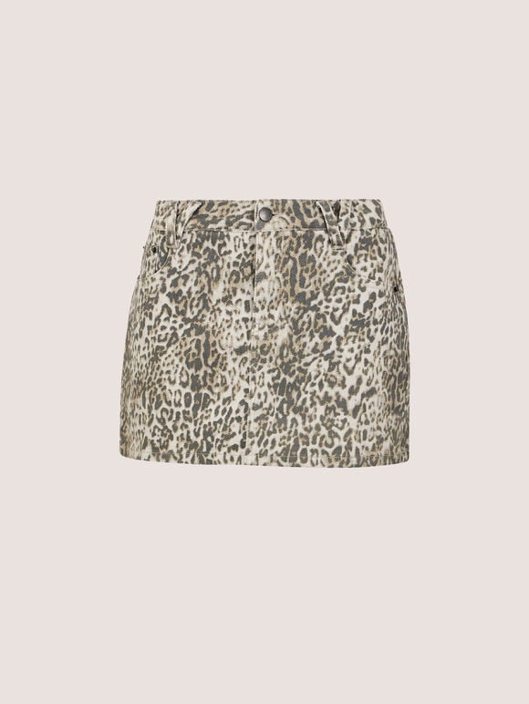 Leopard Print Cotton Denim Mini Skirt, Grey, large