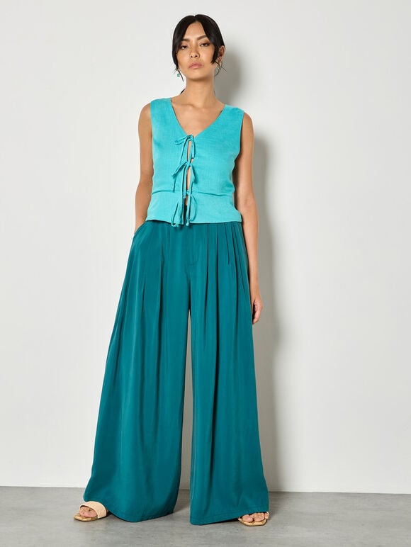 Tie Front Linen Waistcoat, Aqua - Turquoise, large