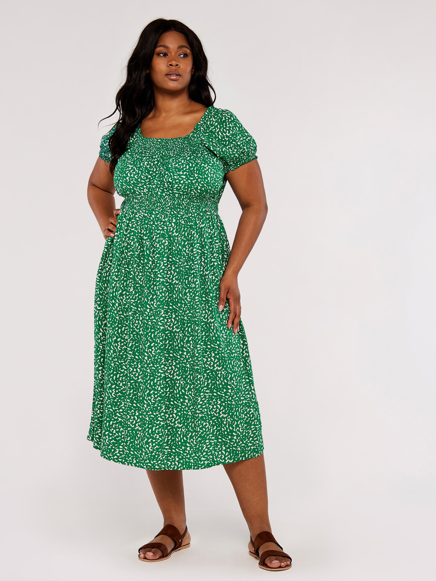 Curve Brush Spot Milkmaid Midi Dress 