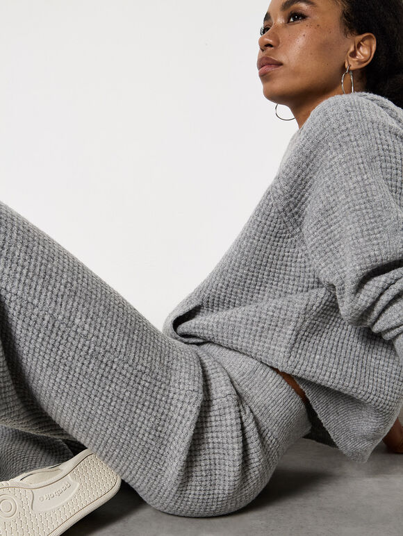 Waffle Knit Wide Leg Trousers, Grey, large
