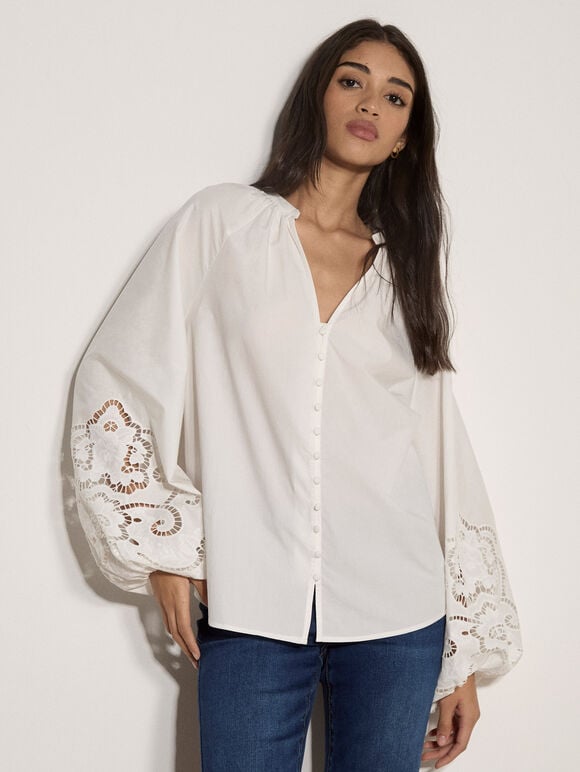 Cotton Cut-Out Blouse, White, large