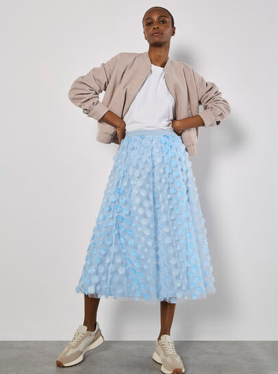 Applique Flowers Tulle Midi Skirt