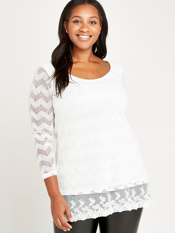 Lace Trim Tunic Top+, Cream, large