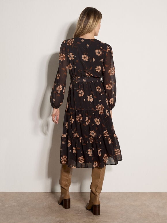Chiffon Floral Tiered Midi Dress, Black, large