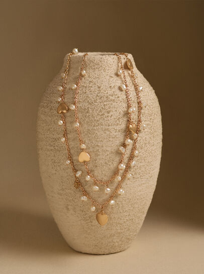 Pearl Charm and Heart Multi-Layered Necklace