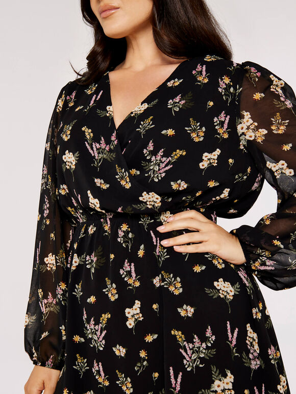 Curve Floral Mini Dress, Black, large
