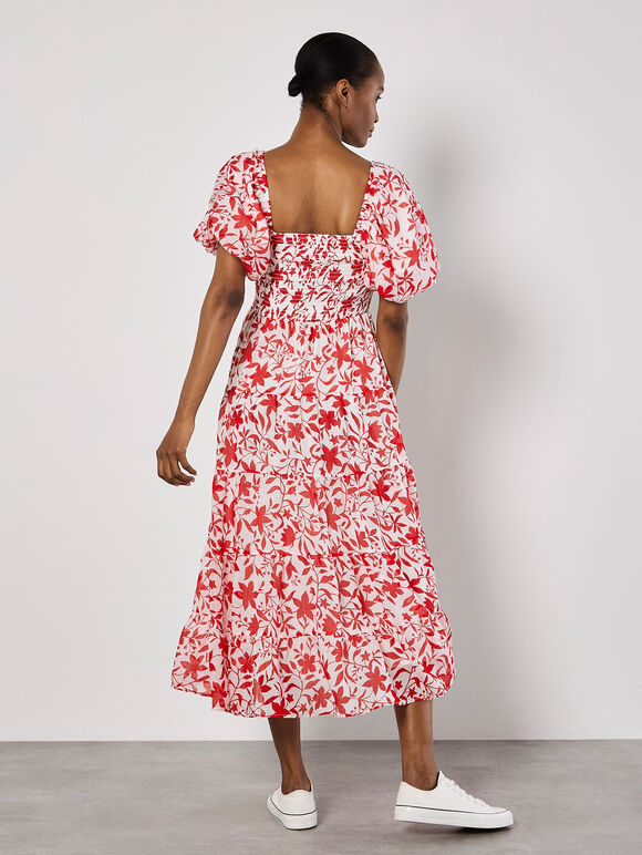Sarasa Floral Tiered Midi Dress, Cream, large