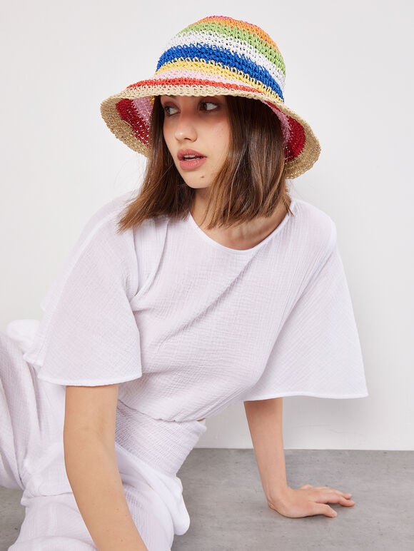 Colourful Stripe Straw Bucket Hat, Assorted, large