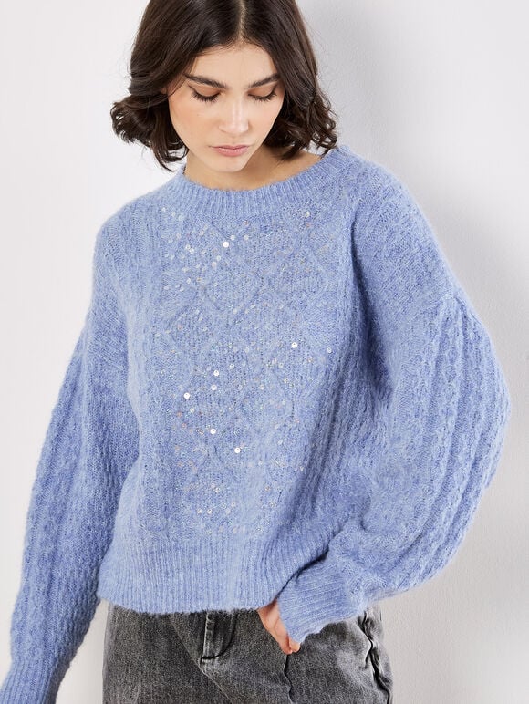 Iridescent Sequin Cable Knit Jumper, Blue, large
