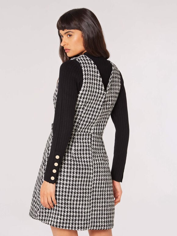 Dogtooth Pinafore Mini Dress, Black, large