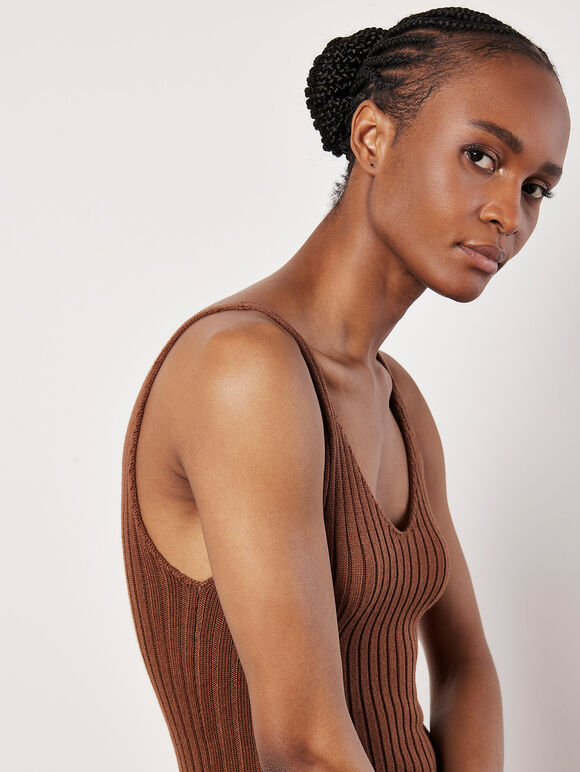 Ribbed Knit Bodycon Midi Dress, Rust, large
