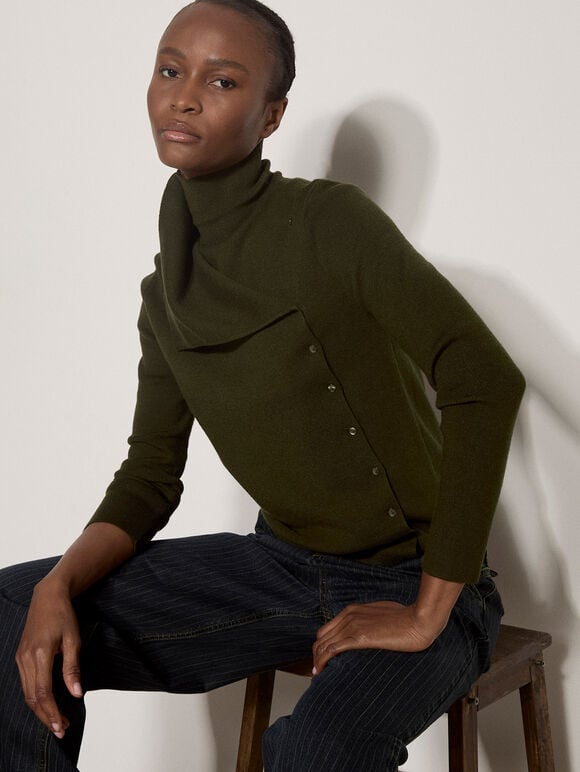 Ribbed Knit Asymmetric Cardigan, Khaki, large