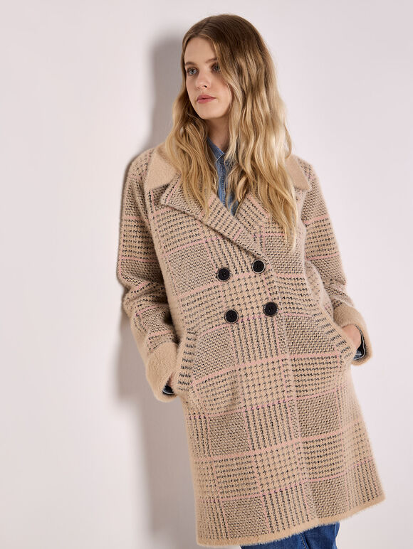Heritage Check Fluffy Knit Coat, Stone, large