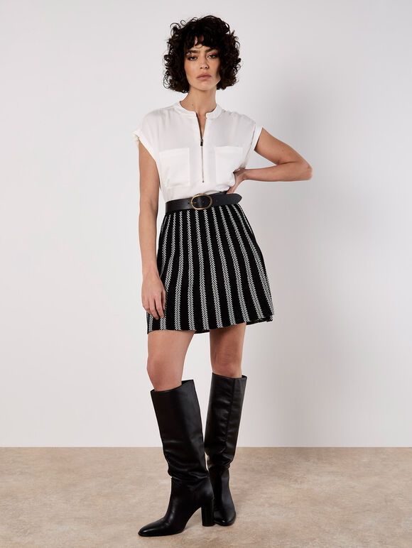 Chevron Stripe Knitted Mini Skirt, Black, large