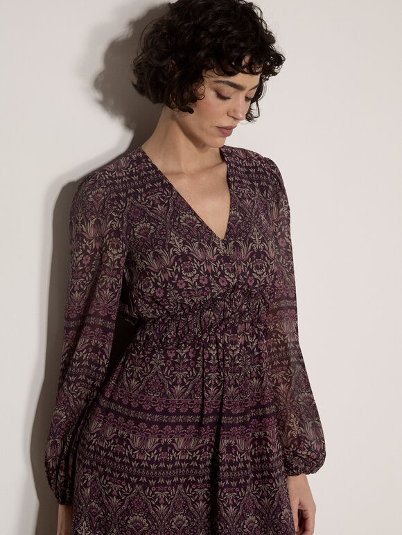 Floral Print Ruffle Midi Dress, Purple, large