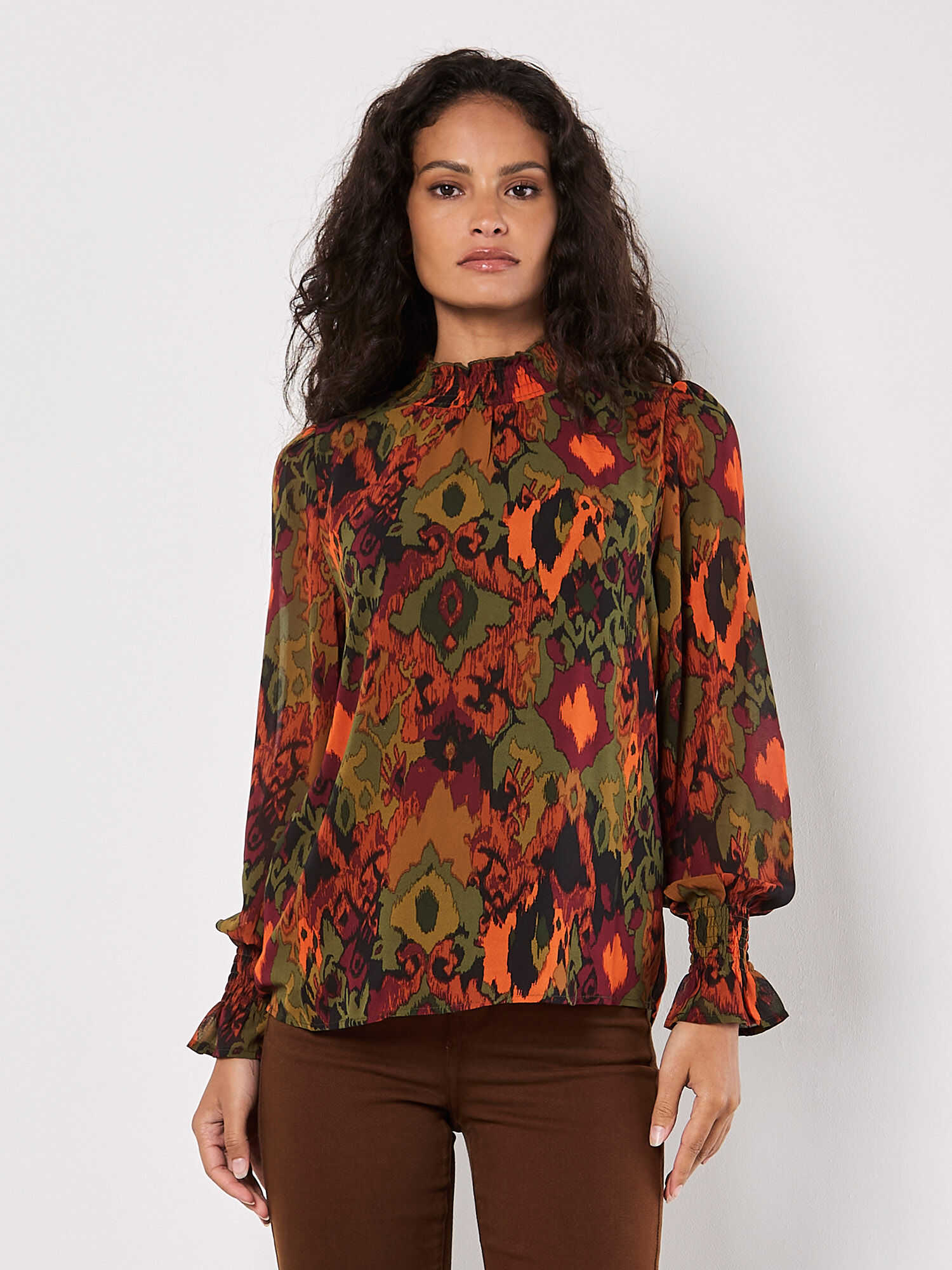 Ikat Print Chiffon Blouse Apricot Clothing