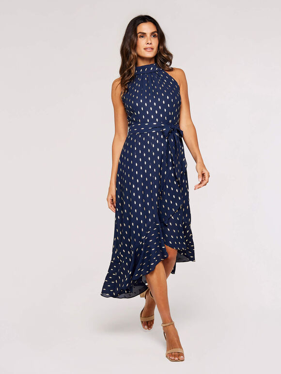 Gold Foil Halter Neck Midi Dress, Navy, large