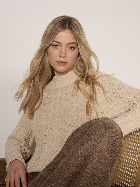 Bobble Cable Knit Jumper, Stone, large