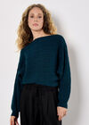 Cable Stripe Batwing Aran Jumper, Teal, large