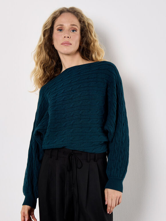 Cable Stripe Batwing Aran Jumper, Teal, large