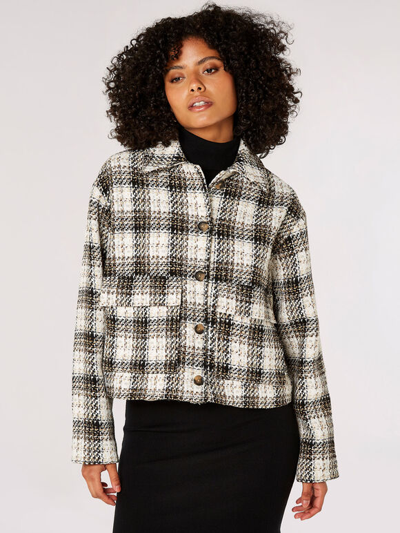 Woven Textured Check Shacket, Brown, large