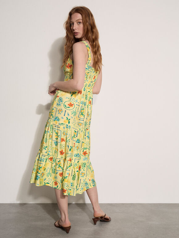 Postcard Print Tiered Midi Dress, Yellow, large