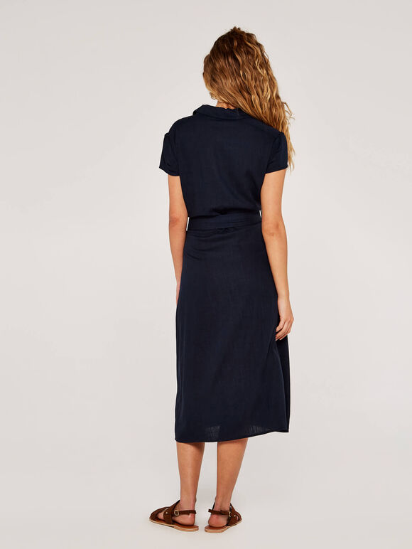 Linen Blend Belted Shirt Midi Dress, Navy, large