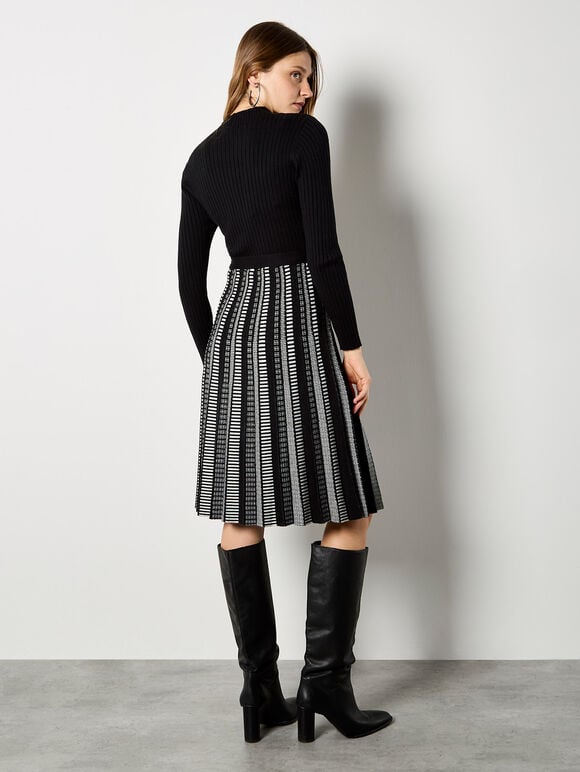 Dotty Skirt Belted Knit Dress, Black, large