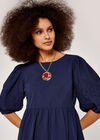 Embroidery Puff Sleeve Dress, Navy, large
