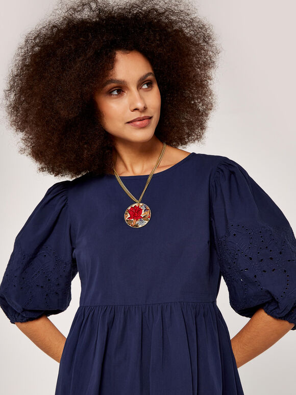 Embroidery Puff Sleeve Dress, Navy, large