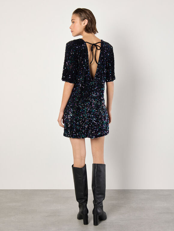 Velvet Sequin V-Back Mini Dress, Black, large