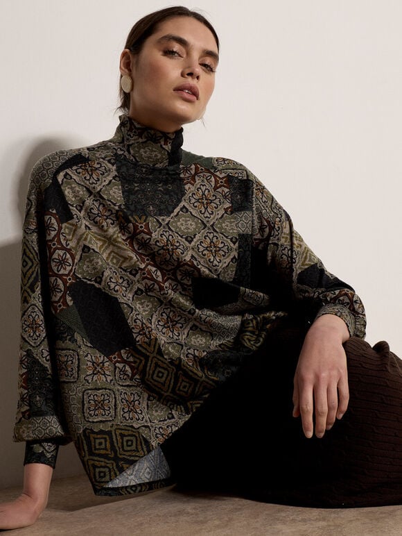 Patchwork Tapestry Roll Neck Top, Khaki, large