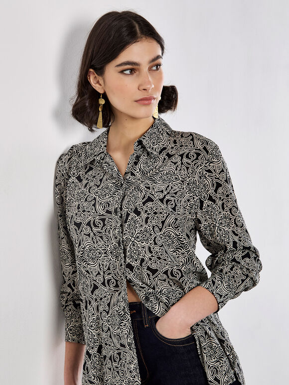 Art Deco Paisley Print Shirt, Black, large