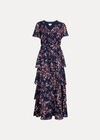 Watercolour Leaves Chiffon Tiered Maxi Dress, Navy, large