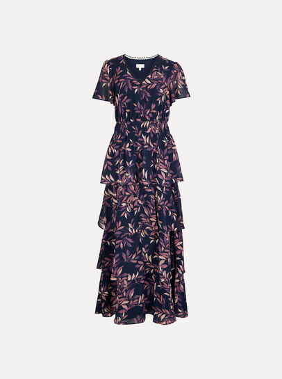 Watercolour Leaves Chiffon Tiered Maxi Dress