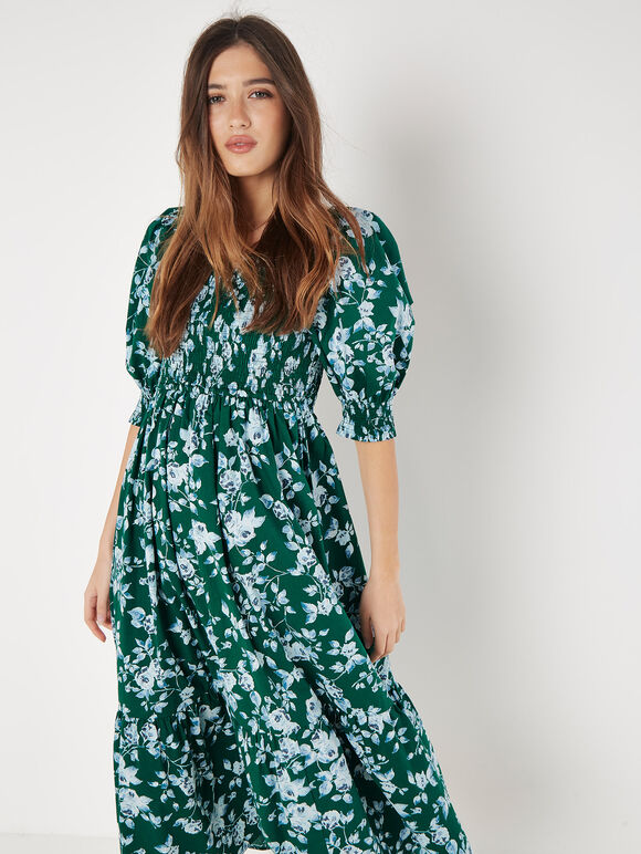 Milchmädchen-Midaxi-Kleid aus Rosenbaumwolle, Grün, Größe L