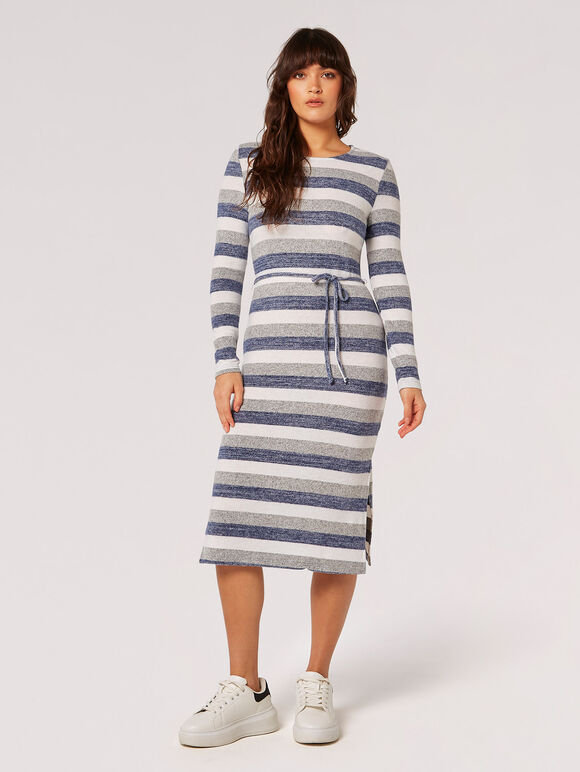 Robe mi-longue à rayures douces au toucher, bleu marine, grand