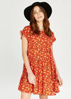 Floral Ruffle Sleeve Tiered Dress, Orange, large