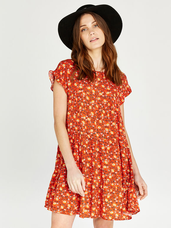 Floral Ruffle Sleeve Tiered Dress, Orange, large