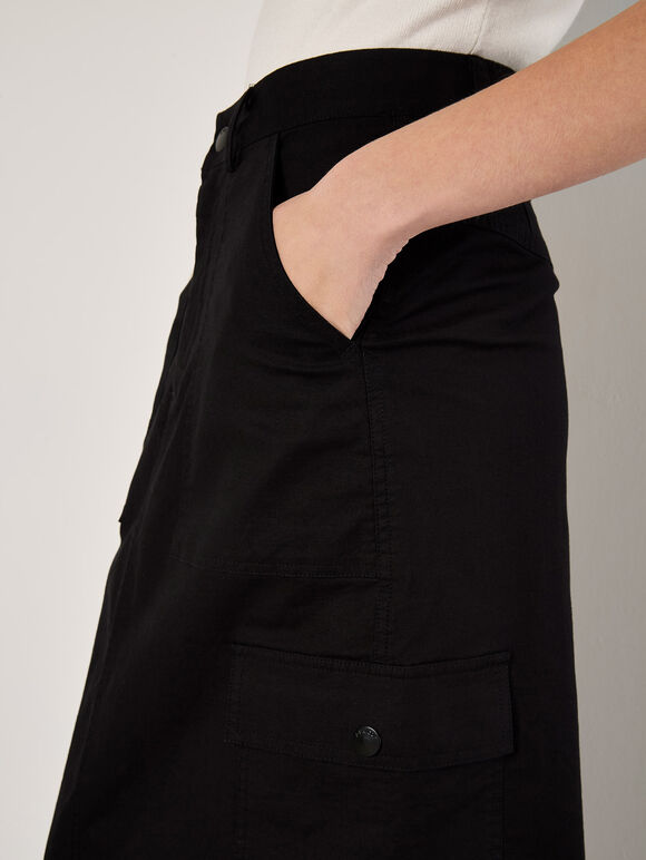 Cotton Cargo Midaxi Skirt, Black, large