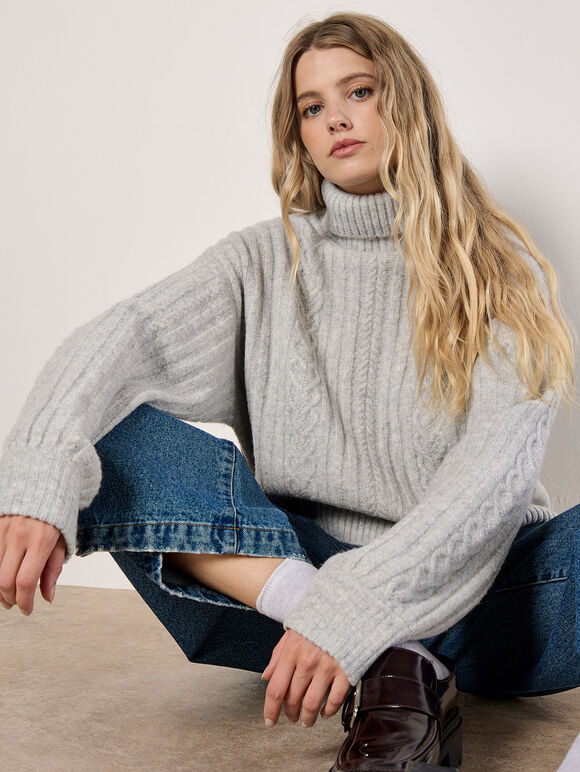 Cable Knit Roll Neck Jumper, Grey, large