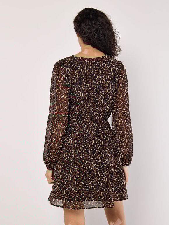 Animal Print Wrap Mini Dress, Rust, large