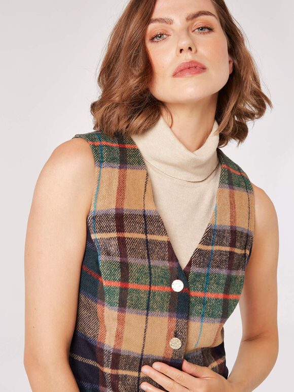 Checked Pinafore Mini Dress, Brown, large