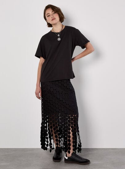 Guipure Circle Lace Fringe Maxi Skirt