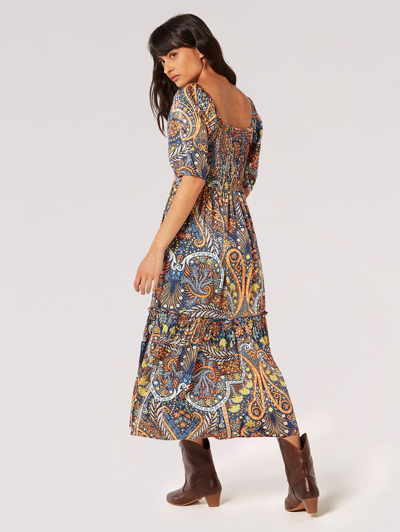 Robe midi en satin floral bohème, bleu marine, grand