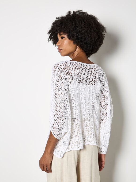 Mesh Popcorn Knit Kaftan Top, White, large