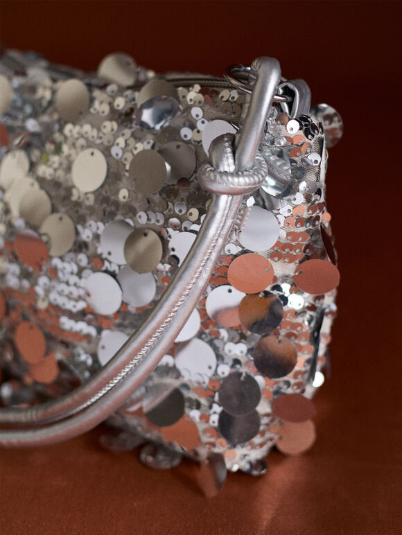 Sequinned Shoulder Bag, Silver, large