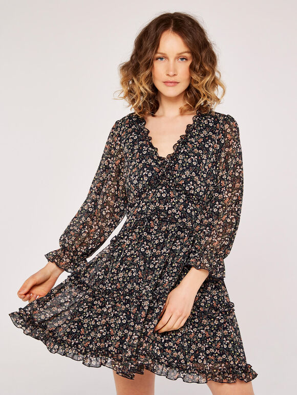 Floral Ruffle Tiered Dress, Navy, large