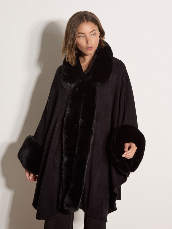 Faux Fur Trimmed Cape, Black, large