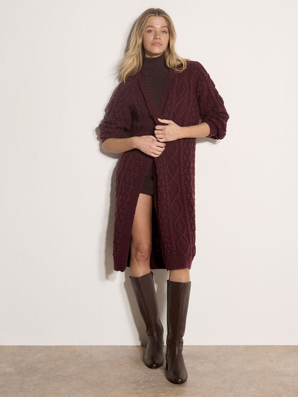 Chunky Cable Knit Longline Cardigan, Plum, large